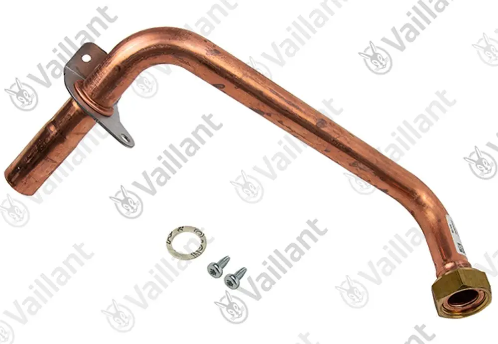 Kupfergasrohr von Vaillant mit einem gebogenen Ende, Montagesockel und Anschluss für Gewinde. Enthält eine Unterlegscheibe und Schrauben zur Befestigung.